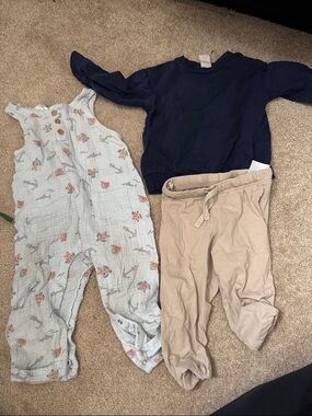 H&M Navy Top with Beige Pants and Light Blue Printed Overalls